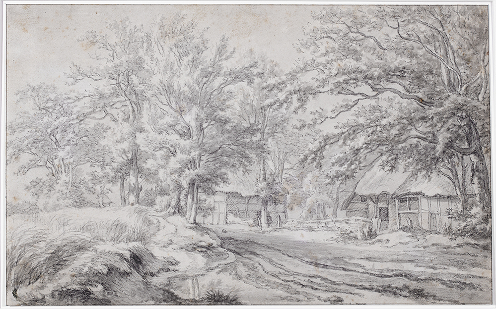 Landweg in het bos, rechts twee boerderijen